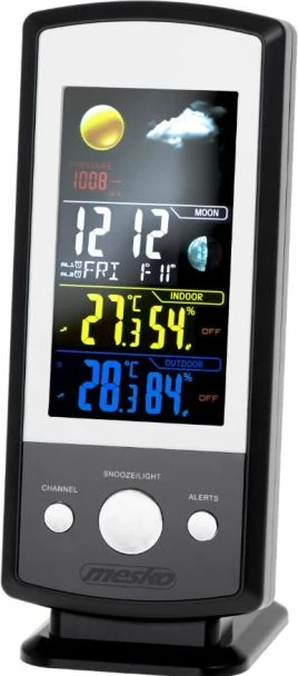 Stacion moti MESKO MS1177, ekran digjital me ngjyra, temperaturë & lagështi brenda/jashtë, parashikim moti, presion atmosferik, zi/argjendtë, set me 1 sensor të jashtëm