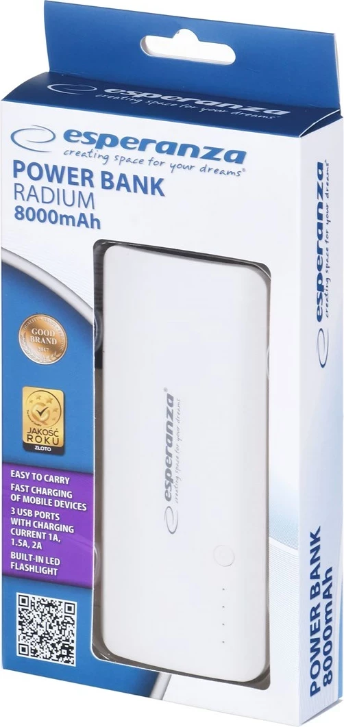 Power Bank Esperanza EMP106WE Radium, 8000 mAh, e bardhë