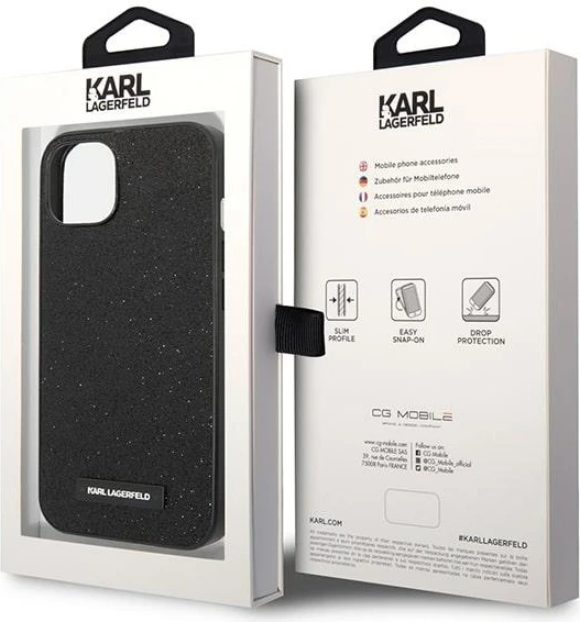 Mbështjellës Karl Lagerfeld KLHCP14MG2ELK për iPhone 14 Plus 6.7", Glitter Plaque Logo, i zi