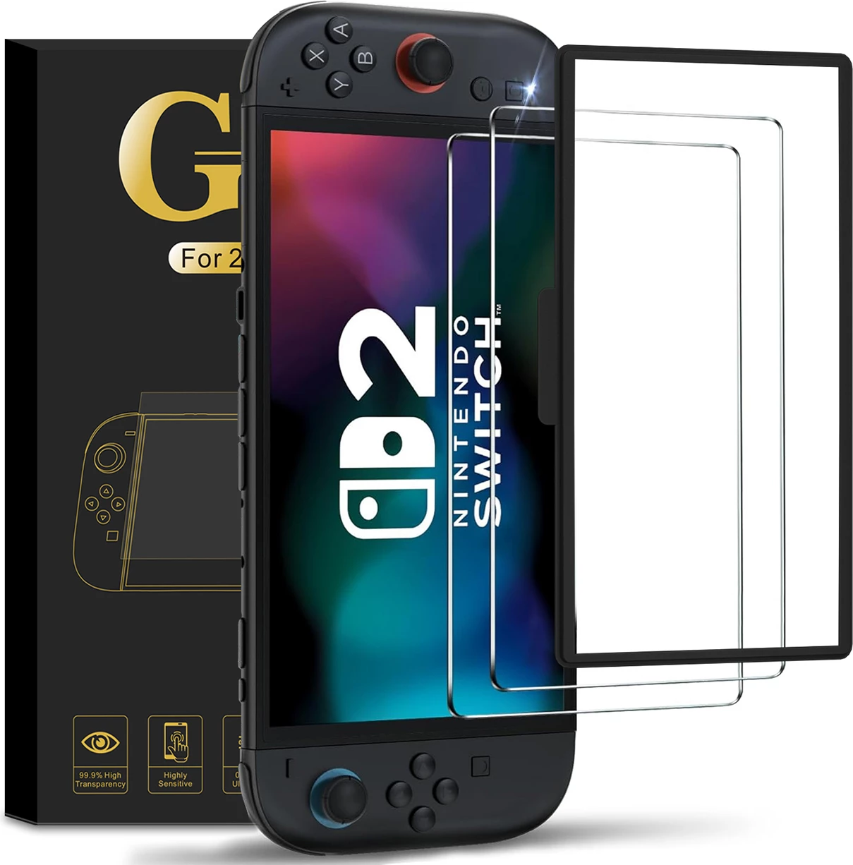 Set mbrojtës ekrani, Hurtel, për Nintendo Switch 2, 0.33 mm, transparencë 99.9%, kornizë pozicionimi, 2 copë