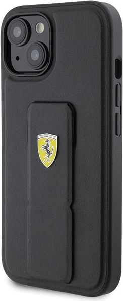 Mbështjellës Ferrari Grip Stand Metal Logo për iPhone 15, i zi