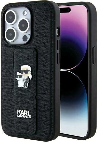 Mbështjellës Karl Lagerfeld Gripstand Saffiano Karl&Choupette Pins për iPhone 14 Pro, i zi
