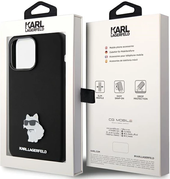 Mbështjellës Karl Lagerfeld Silicone Choupette Metal Pin për iPhone 15 Pro, i zi