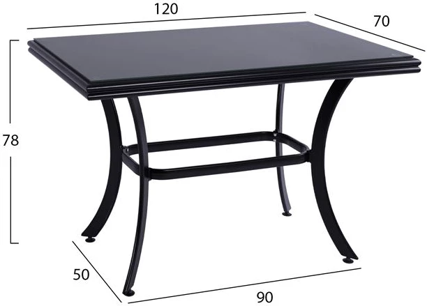 Tavolinë ngrënieje alumini JAXEN FH5533.02, ngjyrë e zezë, me sipërfaqe xhami të kalitur dhe textilene, 120x70x78H cm