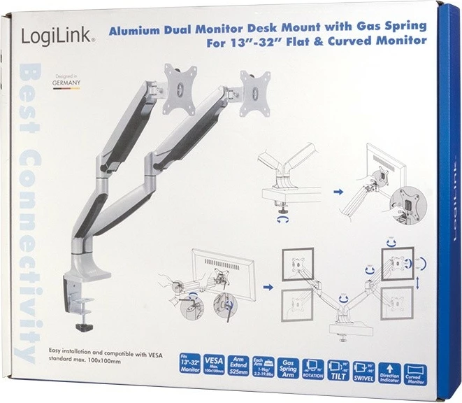 Mbajtës tavoline për 2 monitorë LogiLink BP0043, 13-32 inç, 2x9kg, VESA, Zi/Argjendtë