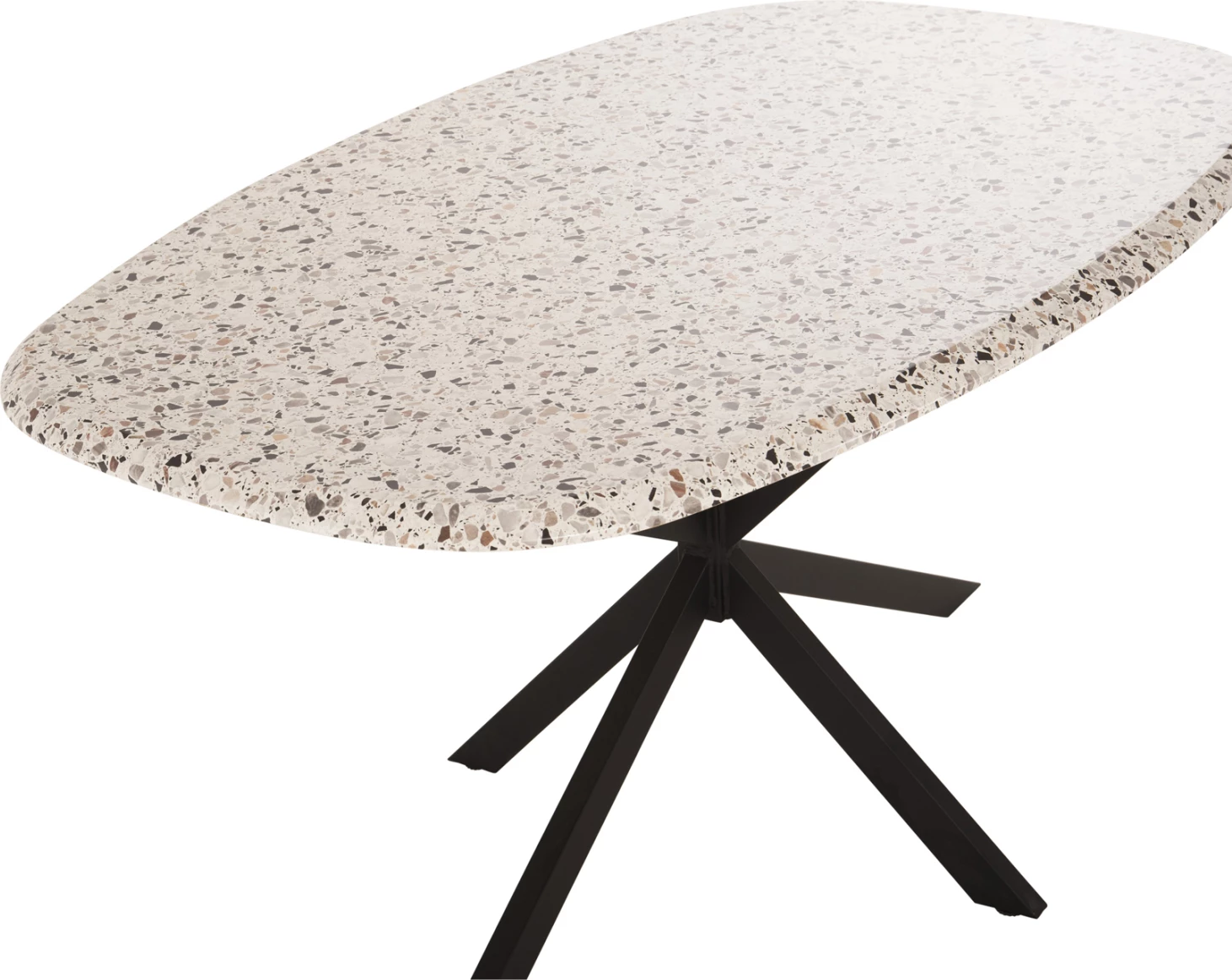 Tavolinë oval për ngrënie, sipërfaqe tavoline Werzalit, ngjyrë terrazzo, bazë metalike e zezë, 146x94x75H cm