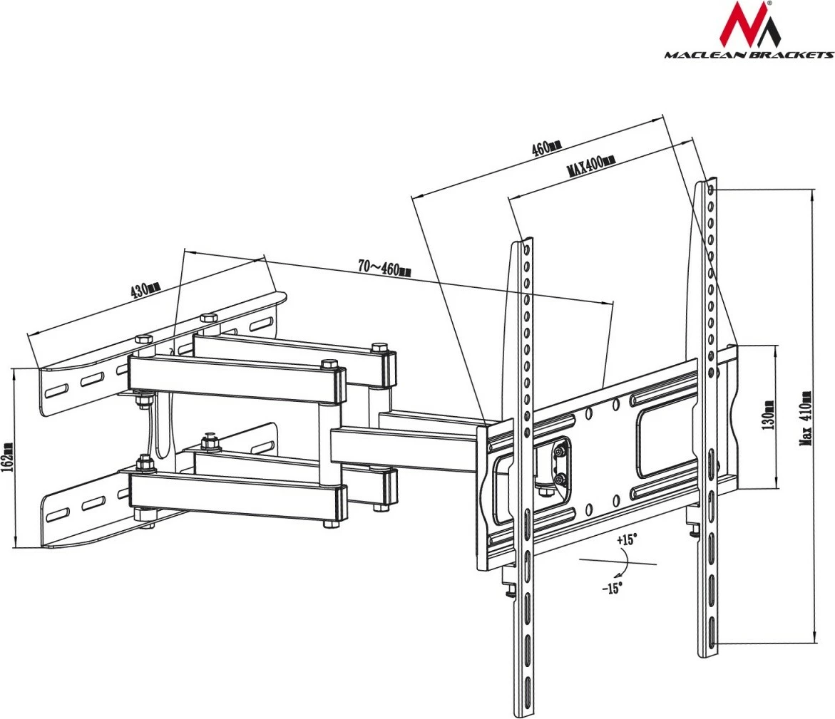 Mbajtës muri për TV/monitor, Maclean MC-760, 26-55 inç, kapacitet 30 kg, VESA deri 400x400, i zi