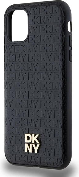 Mbështjellës DKNY Leather Monogram Pattern Metal Logo MagSafe për iPhone 11/XR, i zi