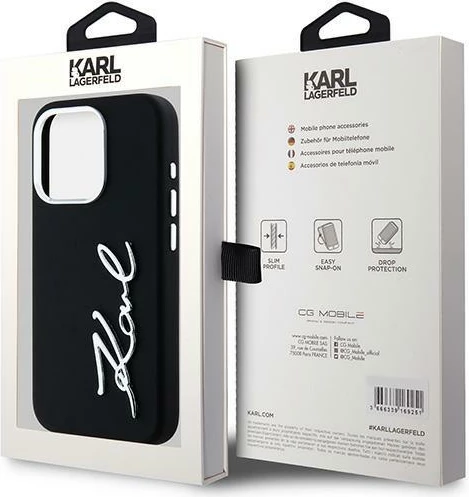 Mbështjellës Karl Lagerfeld Silicone Metal Script Logo për iPhone 15 Pro Max, i zi