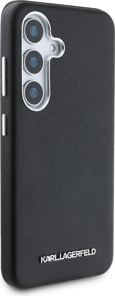 Mbështjellës Karl Lagerfeld Saffiano Full Wrapped Elongated Metal Logo MagSafe për Samsung Galaxy S25+, i zi