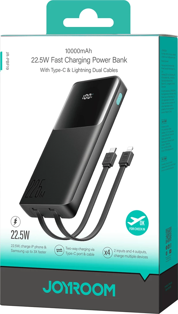 Powerbank Joyroom JR-PBF19 10000mAh 22.5W me dy kabllo të integruara USB-C dhe Lightning, e zezë