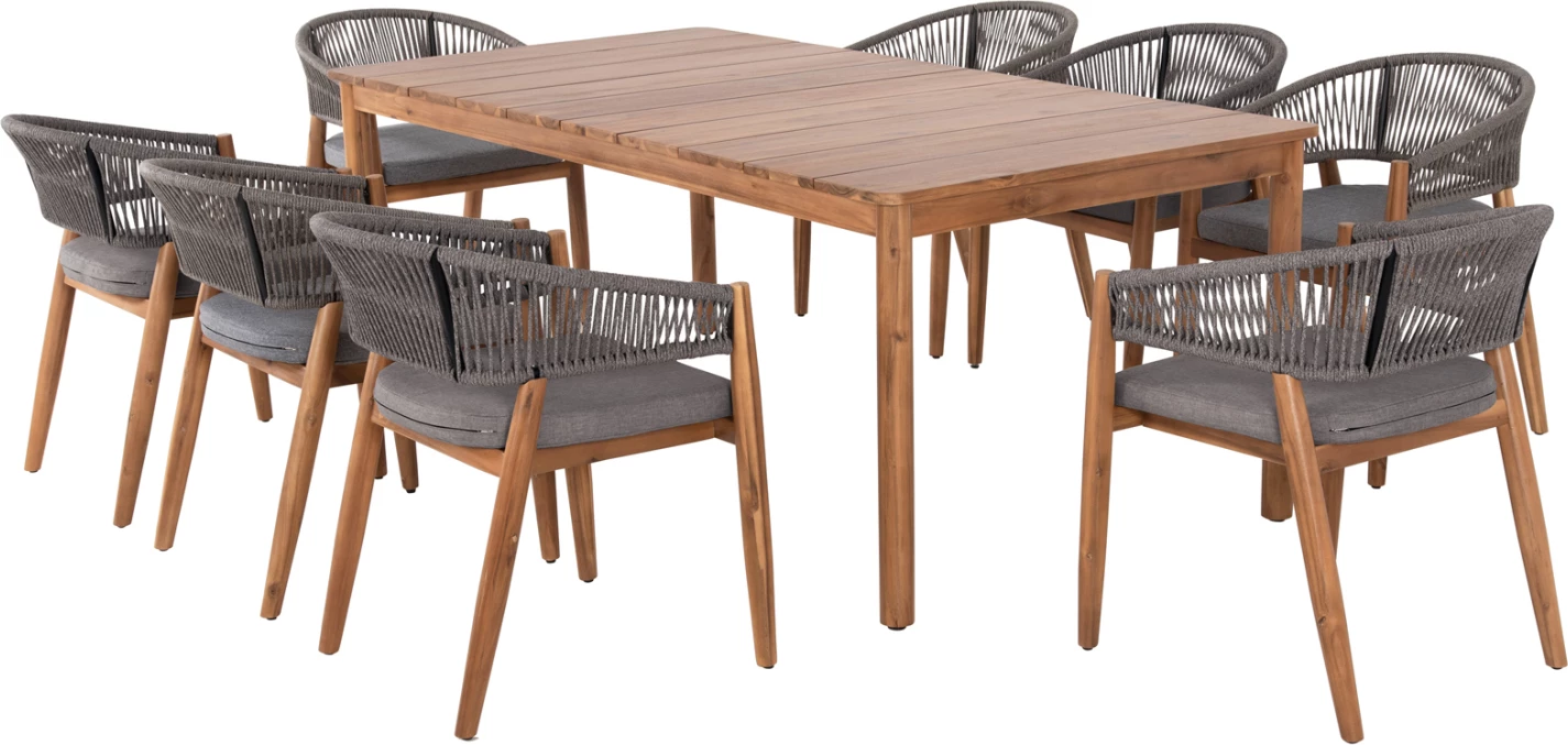 Tavolinë me karrige për terasë 9 copë NAVANT FH21066.01, dru akacie, litar gri