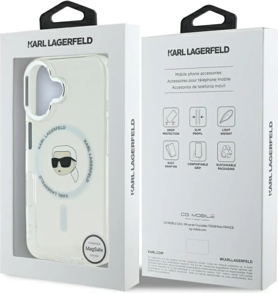Mbështjellës Karl Lagerfeld IML Metal Karl Head MagSafe për iPhone 16 Plus, Bardhë