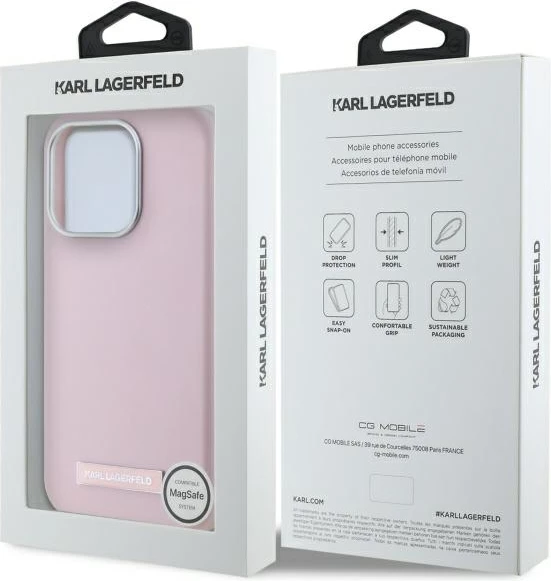 Mbështjellës Karl Lagerfeld FW Metal Plate MagSafe për iPhone 15 Pro, Rozë