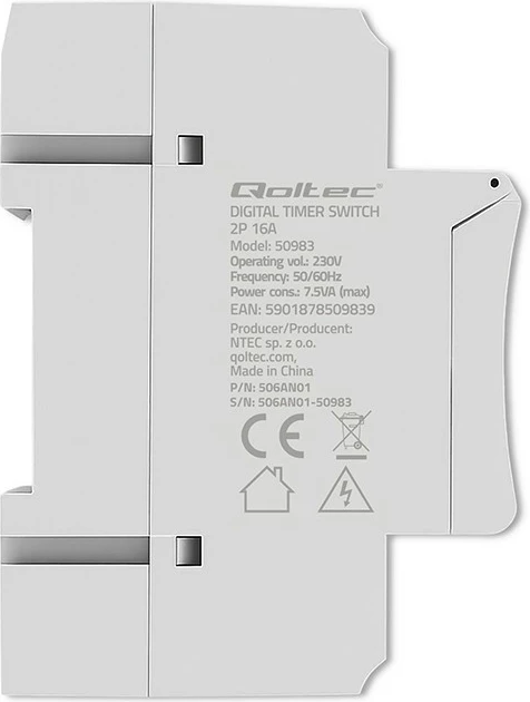 Programator kohor elektronik për shinë DIN, Qoltec 50983, 7 ditësh, 16 programe, bateri e integruar, 16A/3600W, i bardhë