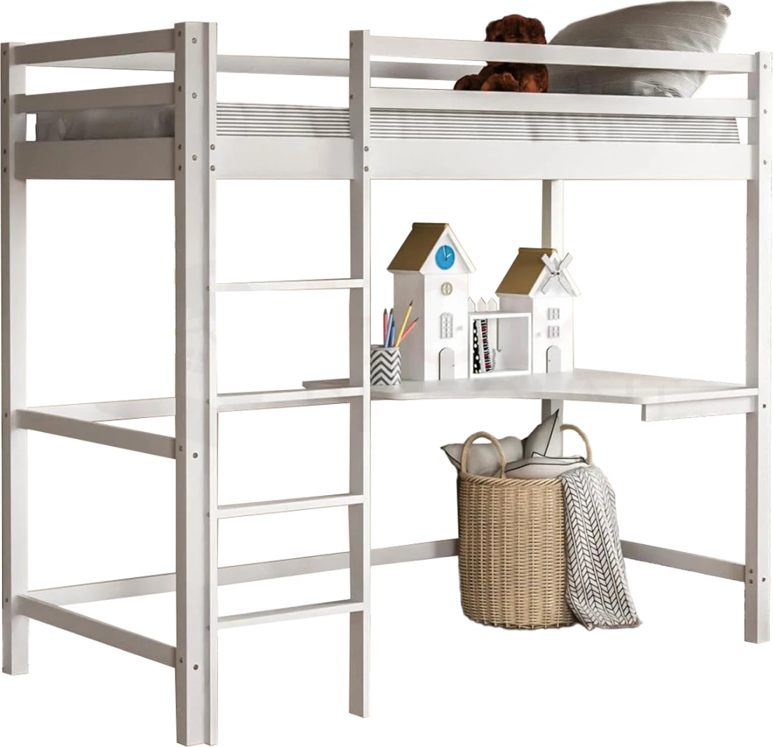 Krevat marinari për fëmijë me tavolinë pune, dru pishe, ngjyrë e bardhë, AKRON FH702.03, për dyshek 90x190cm