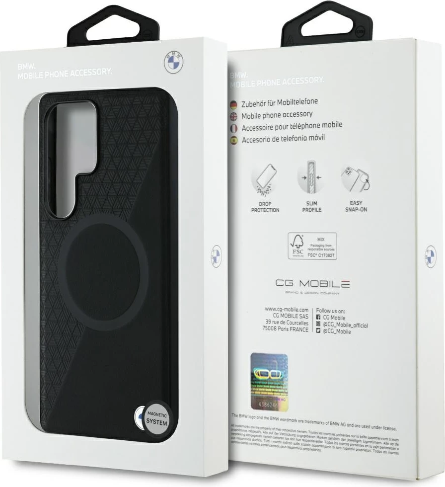 Mbështjellës BMW Leather Half Textured MagSafe për Samsung Galaxy S25 Ultra, i zi