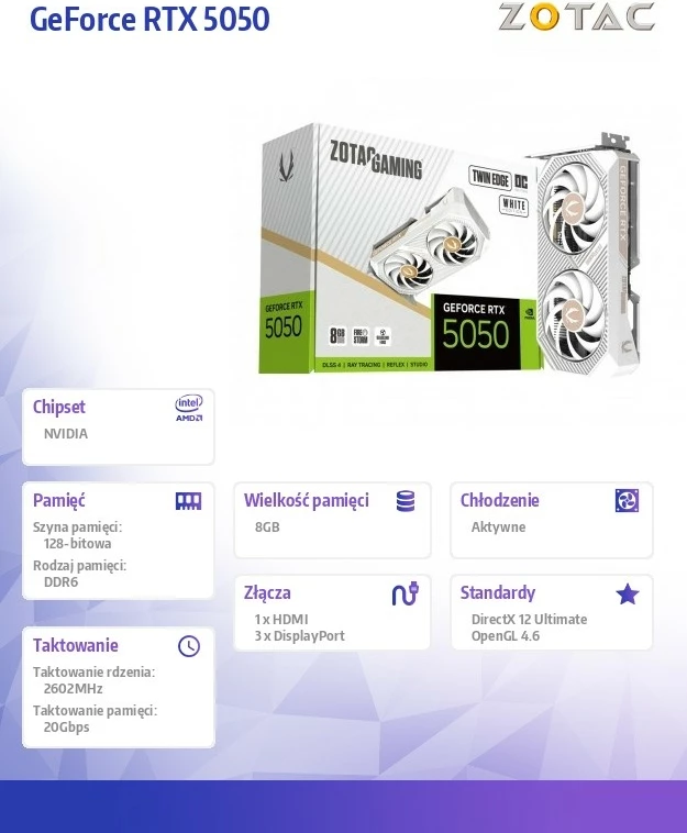 Kartelë grafike, ZOTAC, GeForce RTX 5050 Twin Edge OC (ZT-B50500Q-10M), 8GB GDDR6 128-bit PCIe 5.0 x8 3xDP/HDMI, e bardhë