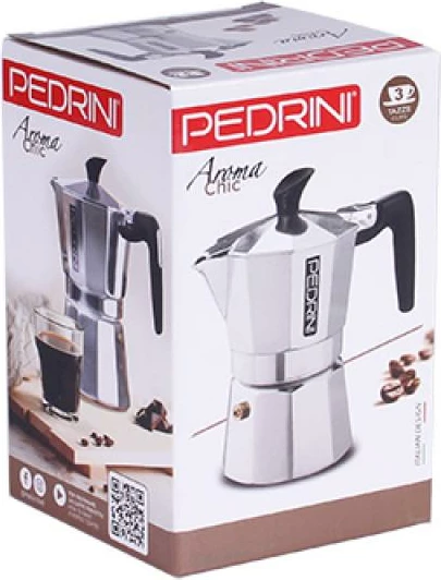 Kafeteri moka, PEDRINI, 90833, 3 filxhanë, alumin i lëmuar, argjendtë e zezë