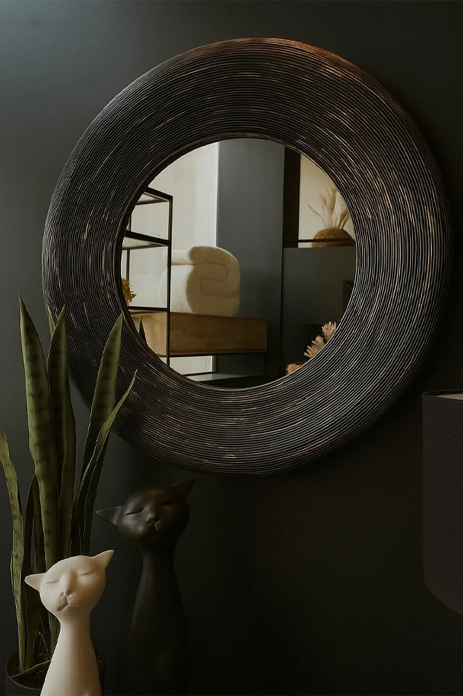 Pasqyrë muri Up & Down, bambu, ngjyrë e zezë antike, 77x6x77cm