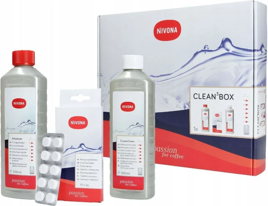 Set mirëmbajtje për makinë kafeje Nivona Clean3Box, përfshin descaler, pastrues qumështi dhe tableta pastruese