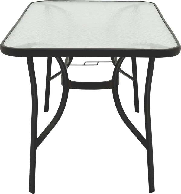 Tavolinë për jashtë, metalike, xham i kalitur, 140x80x70 cm
