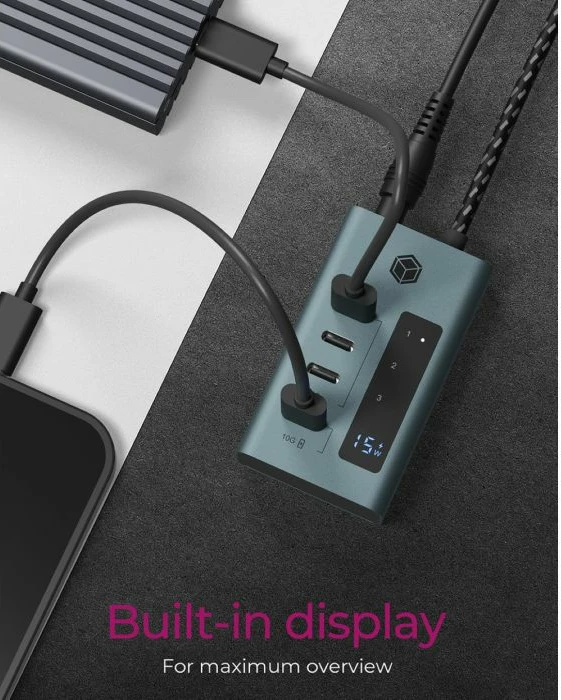 USB-C hub ICYBOX IB-HUB1454-C31, 4 porta, USB 3.2 Gen 2 10 Gbit/s, USB-C PD 20W, kabllo 60 cm, kasë alumini, gri/kaltër