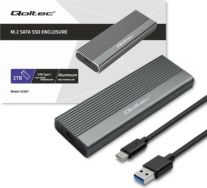 Kasë Qoltec 52267 për SSD M.2 SATA/NGFF, USB-C, 2TB, Gri