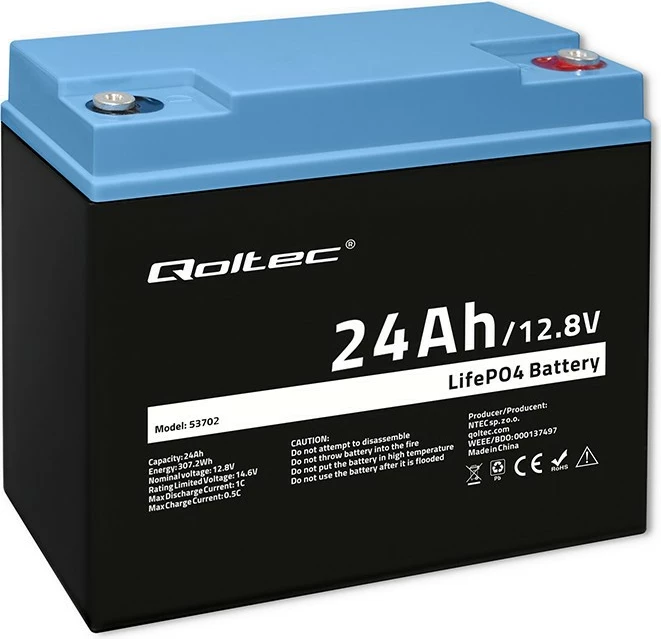 Bateri LiFePO4 Qoltec 53702, 24Ah, 12.8V, me BMS