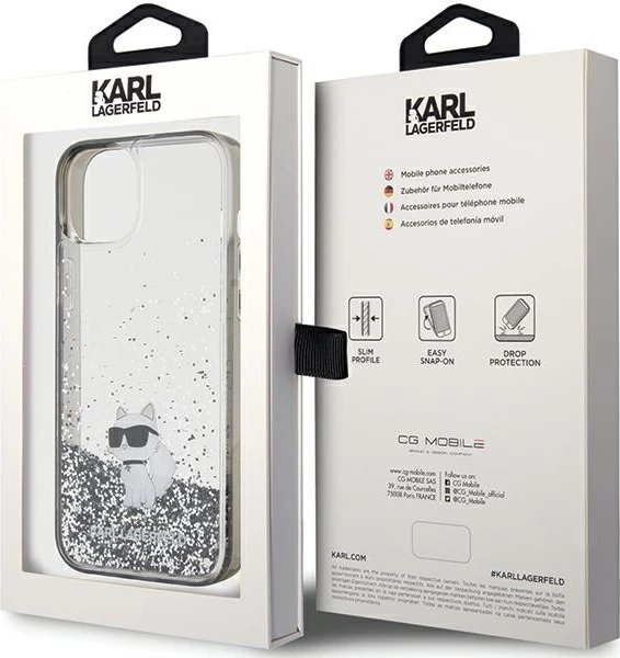Mbështjellës Karl Lagerfeld Liquid Glitter Choupette për iPhone 15 Plus, Transparent, Silver