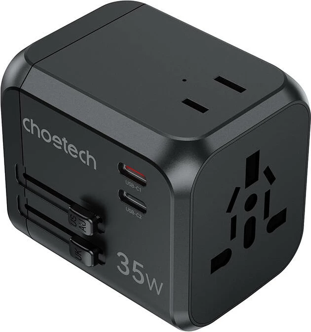 Karikues udhëtimi Choetech PD5008, 35W, 3xUSB-A, 2xUSB-C, GaN, US/EU/UK/AU, zi