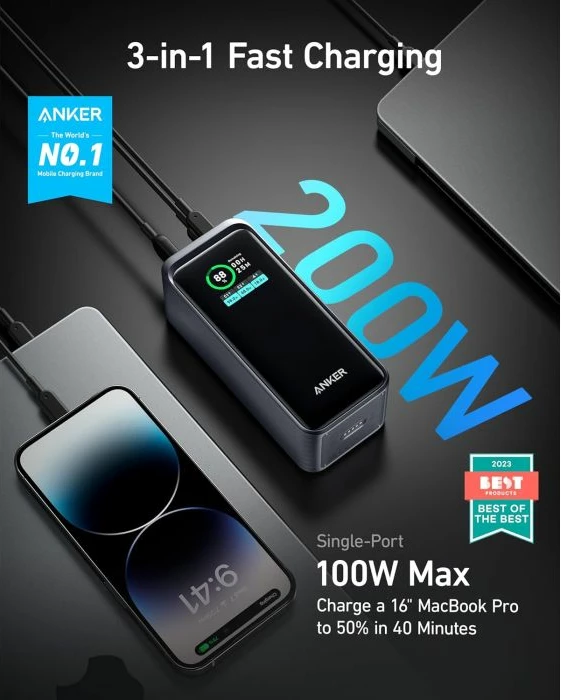 Powerbank Anker Prime 20000mAh 200W, 2x USB-C + 1x USB-A, set me kabllo USB-C në USB-C 0.6m + çantë udhëtimi, e zez/gri