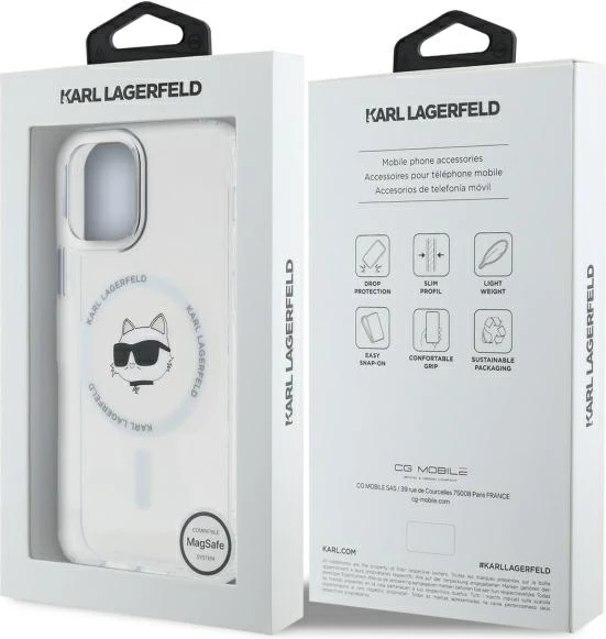 Mbështjellës Karl Lagerfeld IML Metal Choupette Head MagSafe për iPhone 12/12 Pro, Bardhë