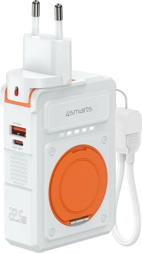 Karikues hibrid 6-në-1 4smarts KAT07417 me powerbank 10000mAh, 22.5W PD/QC, Qi, USB-C + USB-A, kabllo USB-C 12 cm, bardhë
