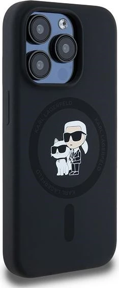 Mbështjellës Karl Lagerfeld Silicone Karl & Choupette MagSafe për iPhone 15 Pro, i zi