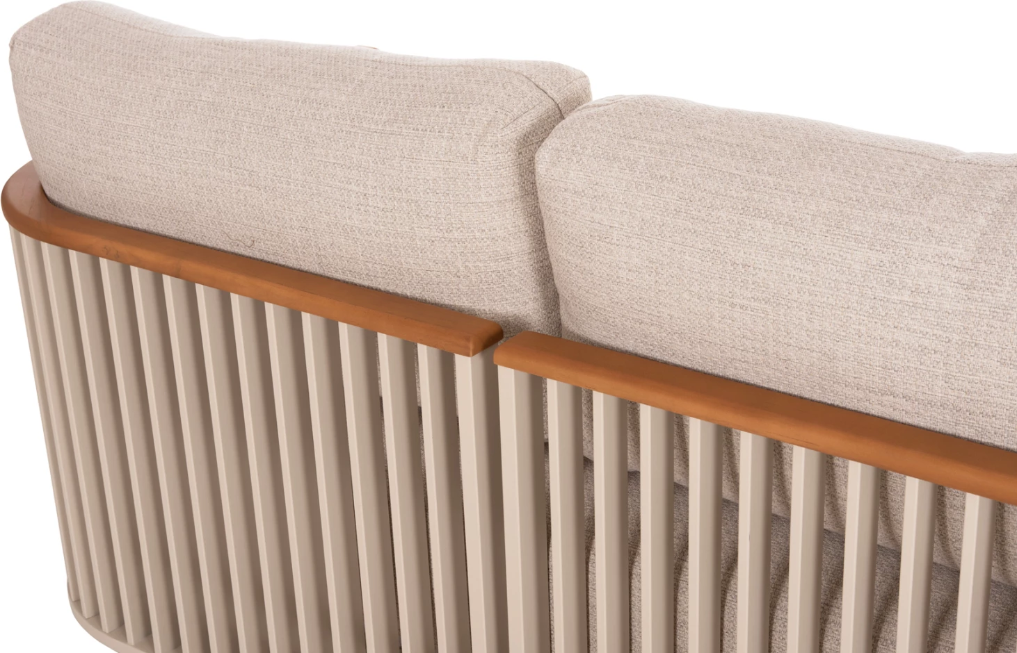 Set salloni për jashtë, 4 pjesë, kornizë alumini, ngjyrë krem, jastëkë bezhë, mbështetëse teak, tavolinë me sipërfaqe guri të sinterizuar, Candeo ETERNITY