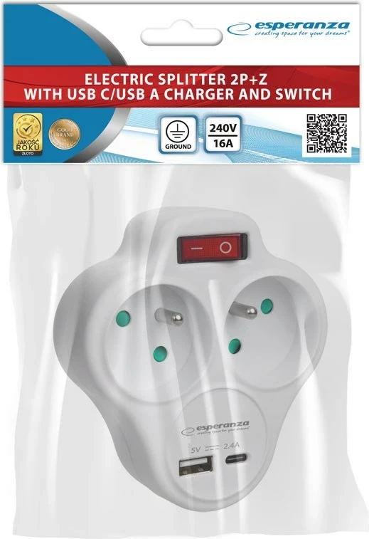 Shpërndarës elektrik Esperanza ELK311W, 2 dalje AC, USB-A, USB-C, Bardhë