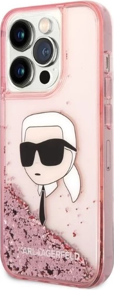 Mbështjellës Karl Lagerfeld Glitter Karl's Head për iPhone 14 Pro, rozë