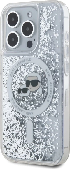 Mbështjellës Karl Lagerfeld Liquid Glitter Karl & Choupette Head MagSafe për iPhone 15 Pro Max, Transparent