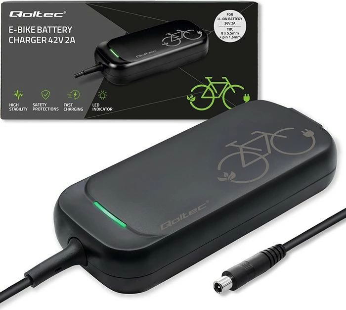 Karikues biçiklete elektrike Qoltec 50334, 42V 2A, për bateri 36V, i zi