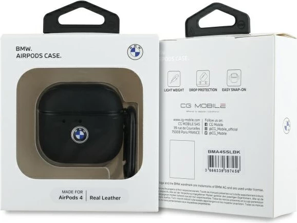 Mbështjellës BMW BMA4SSLBK për AirPods 4, lëkurë natyrale, logo argjendi, e zezë