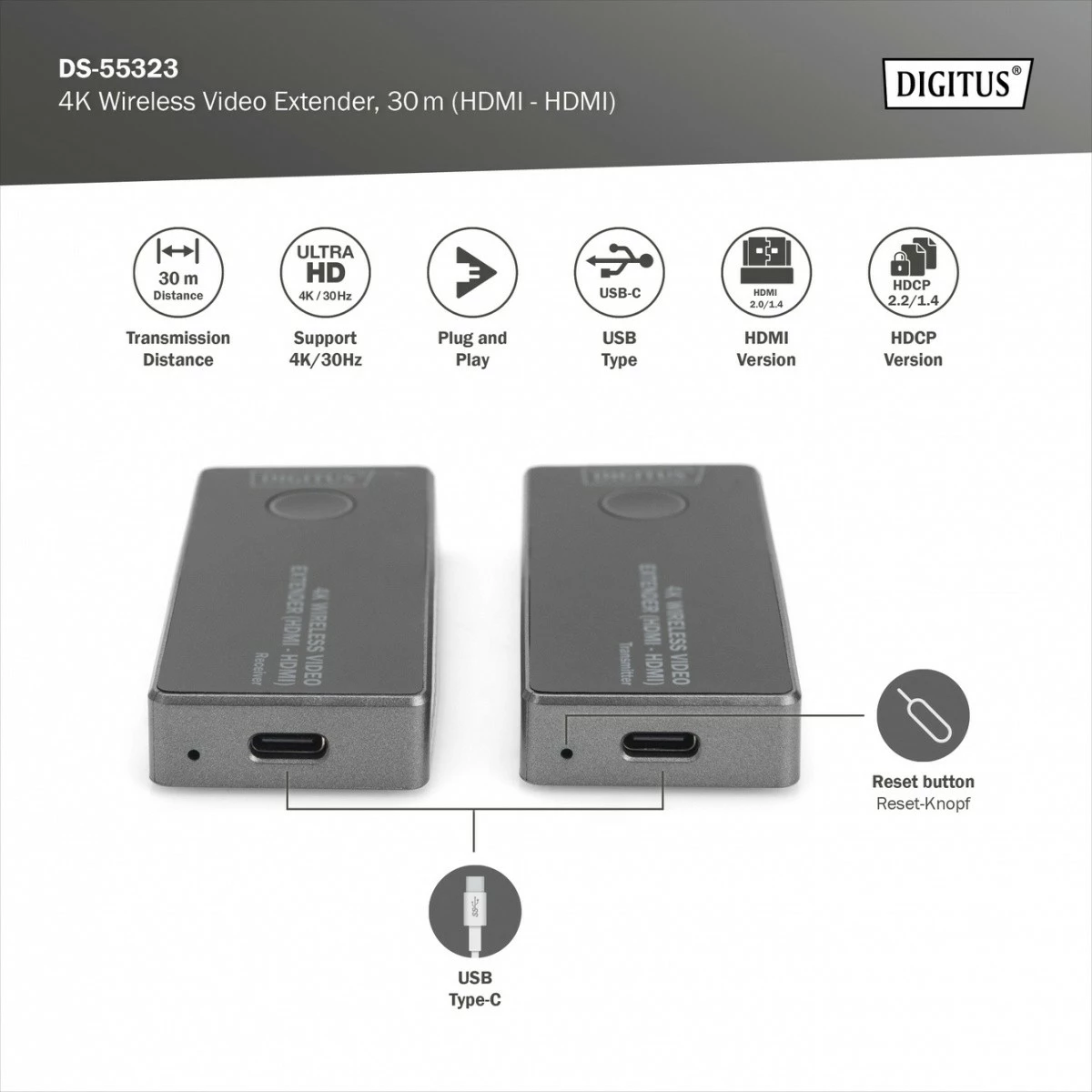 Set wireless HDMI extender Digitus DS-55323, UHD 4K, 30m, i zi/argjendtë