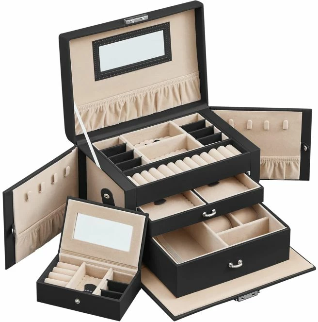 Kuti bizhuterish SONGMICS JBC121B, 3-katëshe me 2 sirtarë, pasqyrë, e mbyllshme me 2 çelësa, me mini kuti udhëtimi, e zezë