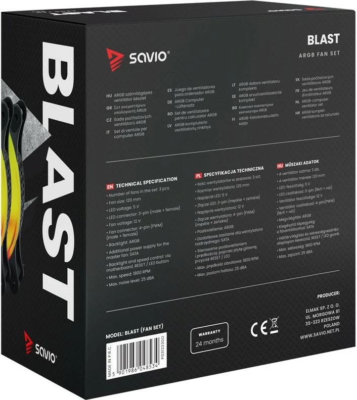 Ventilator kompjuteri Savio BLAST 120mm ARGB, 3-pin 5V, 4-pin 12V, i zi