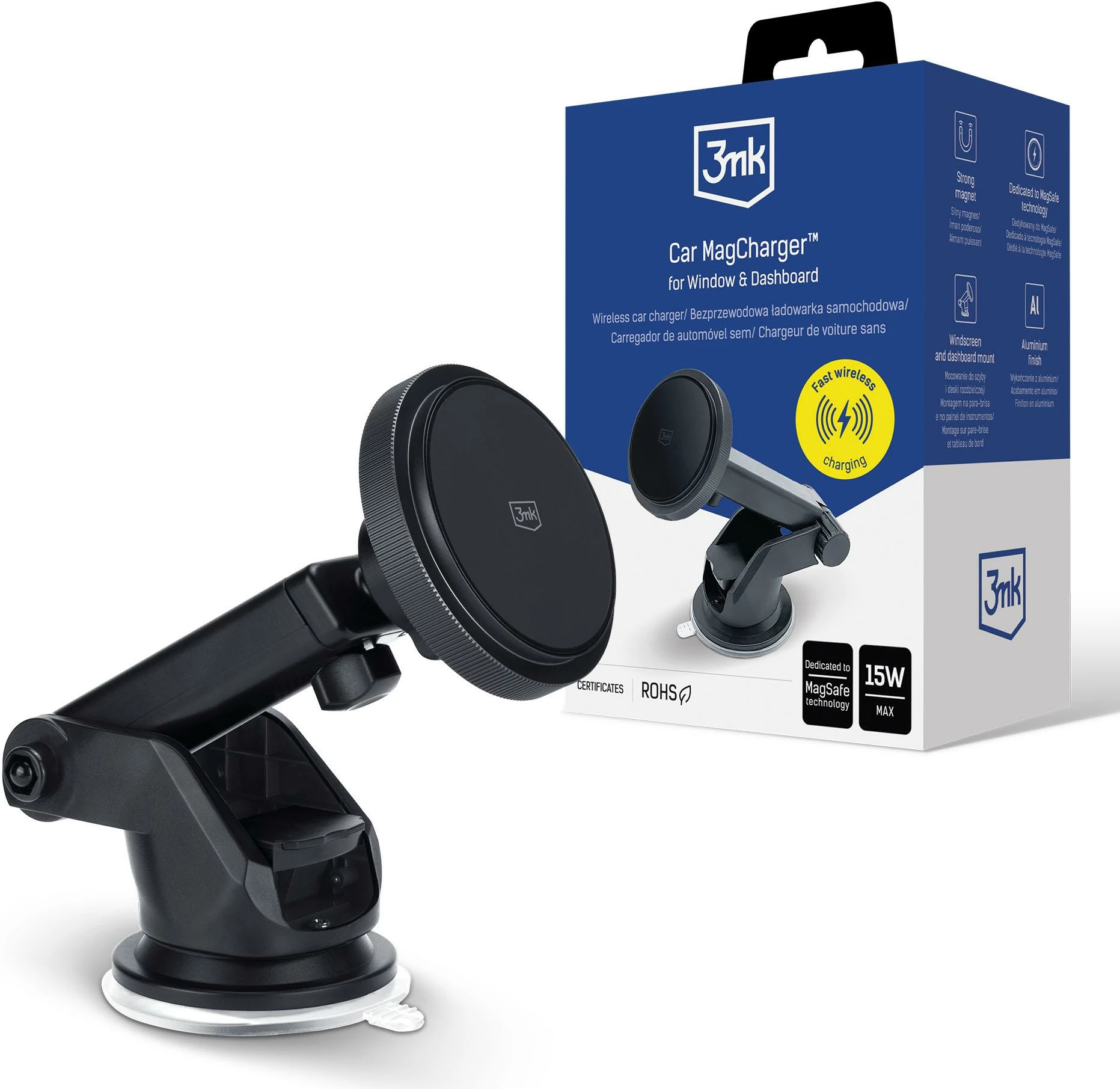 Mbajtës dhe karikues wireless për veturë 3mk Car MagCharger, për xham dhe panel, MagSafe, 15W, i zi