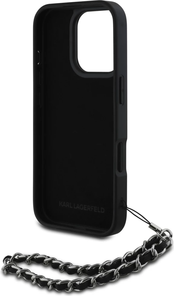 Mbështjellës Karl Lagerfeld Saffiano Crystals me zinxhir, për iPhone 16 Pro, i zi