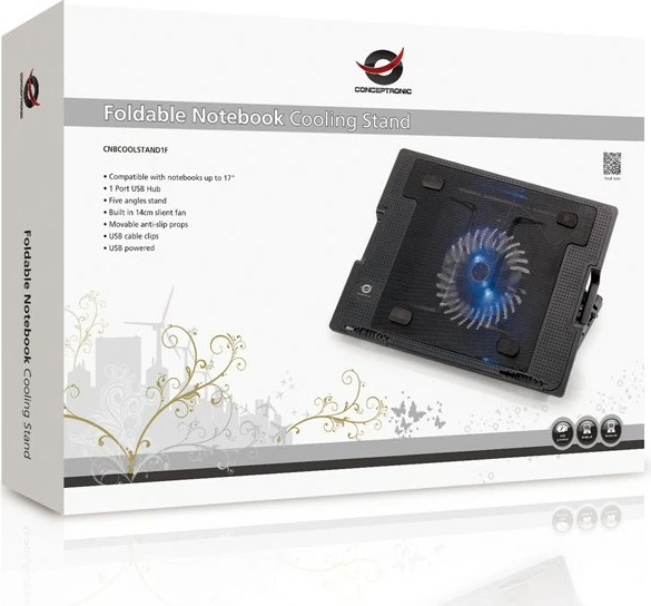 Mbajtëse ftohëse laptopi Conceptronic 1-Fan, USB-A 2.0, deri 17 inç, e zezë