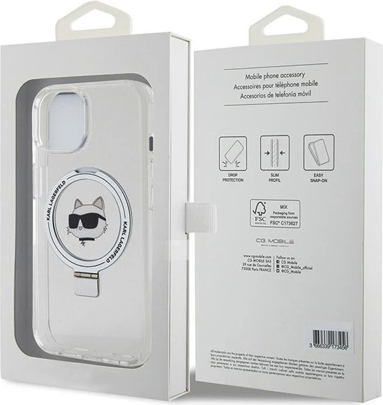 Mbështjellës Karl Lagerfeld KLHMP15SHMRSCHH për iPhone 15 6.1", me unazë Ring Stand, MagSafe, Bardhë