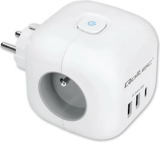 Prizë shumëfunksionale Qoltec 52548, 3x AC, 2x USB, 1x USB-C PD 20W, Bardhë