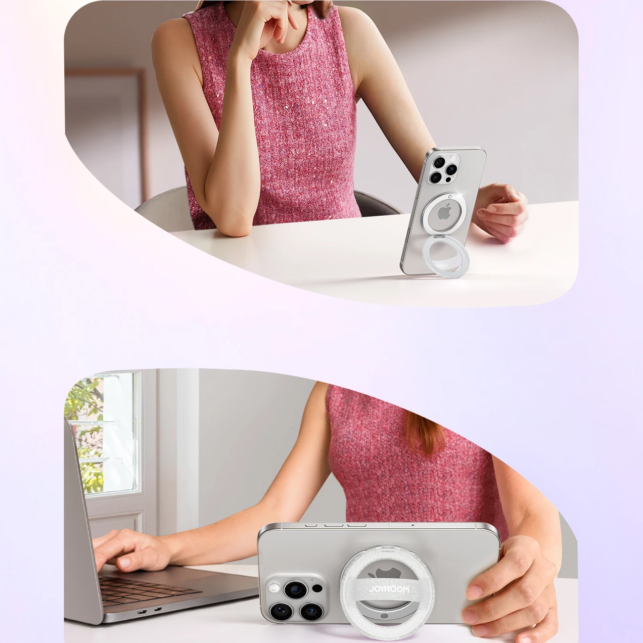 Mbajtës magnetik me unazë, Joyroom JR-ZS500, për MagSafe, kënd rregullues 180°, për telefona 4.7-7.0", alumin + silikon, i bardhë